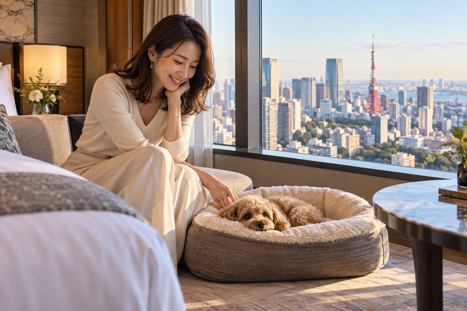 客室の犬用ベッドでリラックスする愛犬