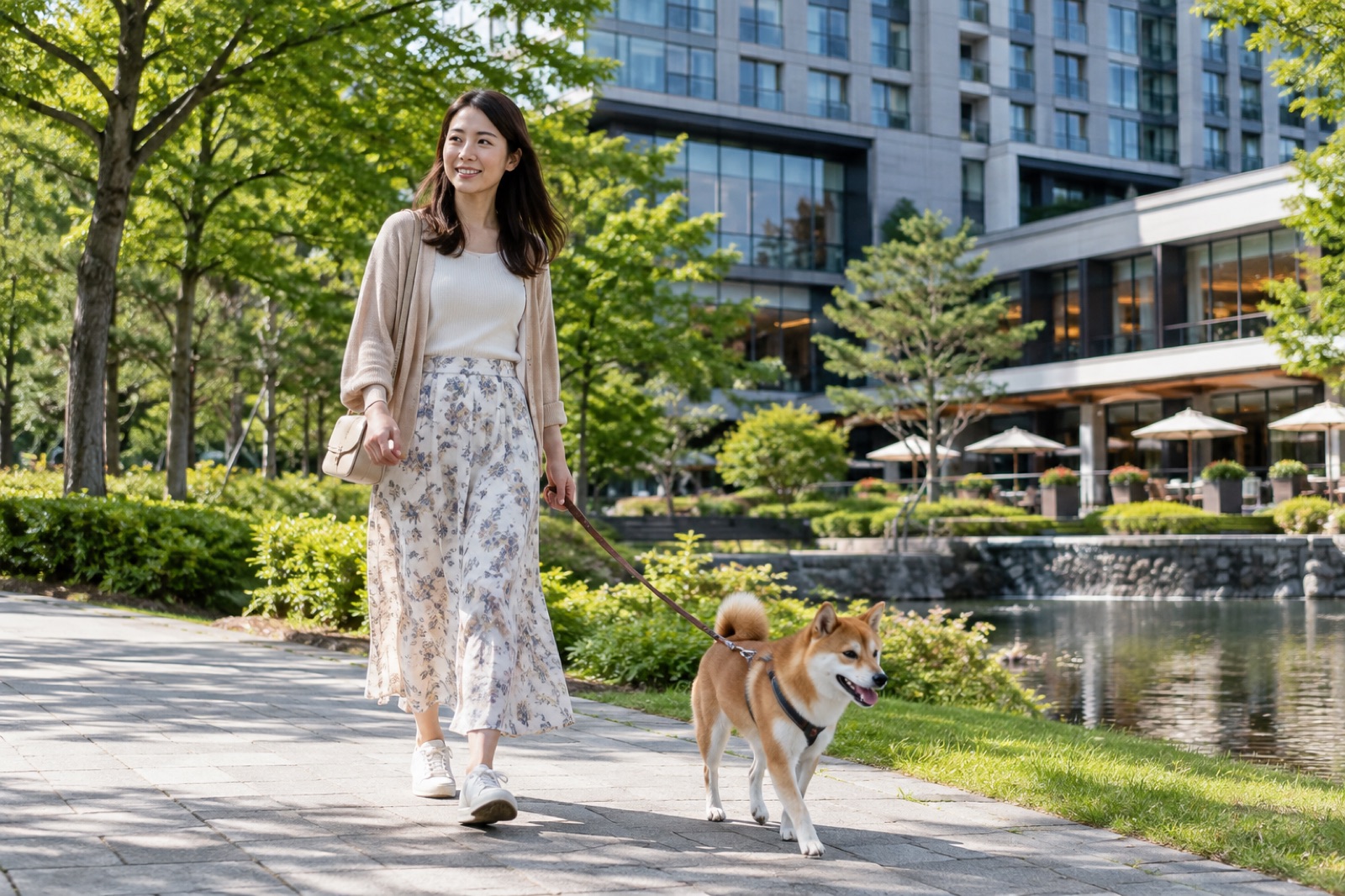 公園を愛犬と散歩する女性の様子