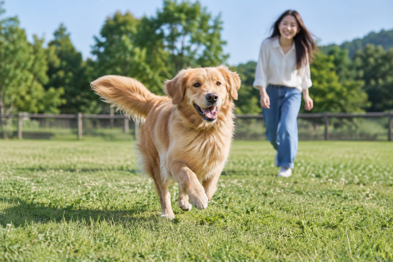 広大な天然芝のドッグランを走る犬と飼い主