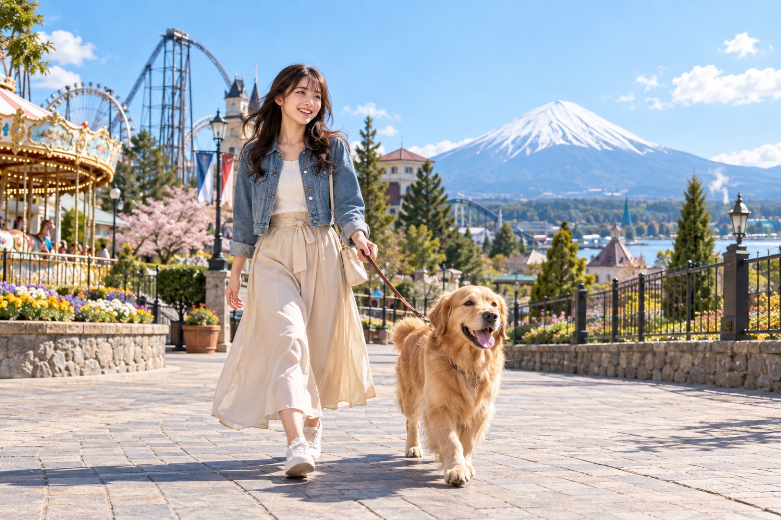富士急ハイランドで愛犬とお散歩を楽しむ日本人女性