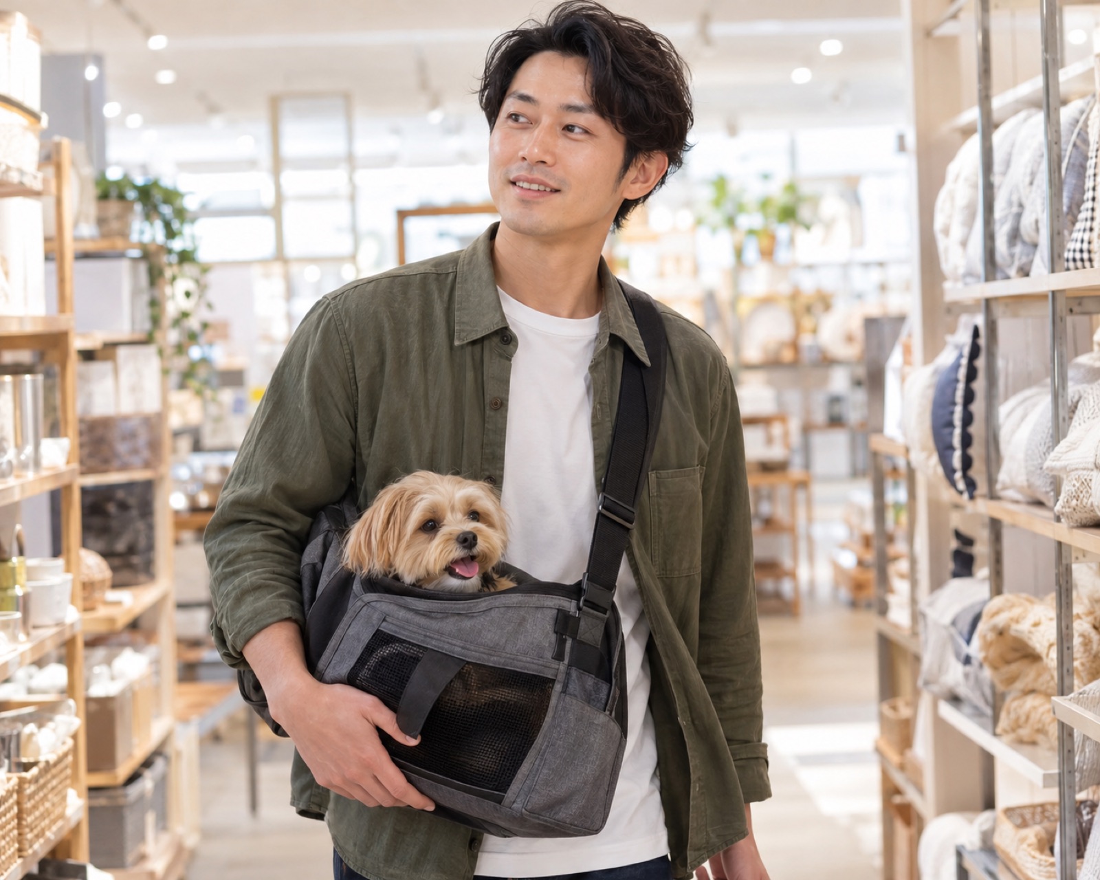 キャリーバッグに入った犬と店舗で買い物をする様子