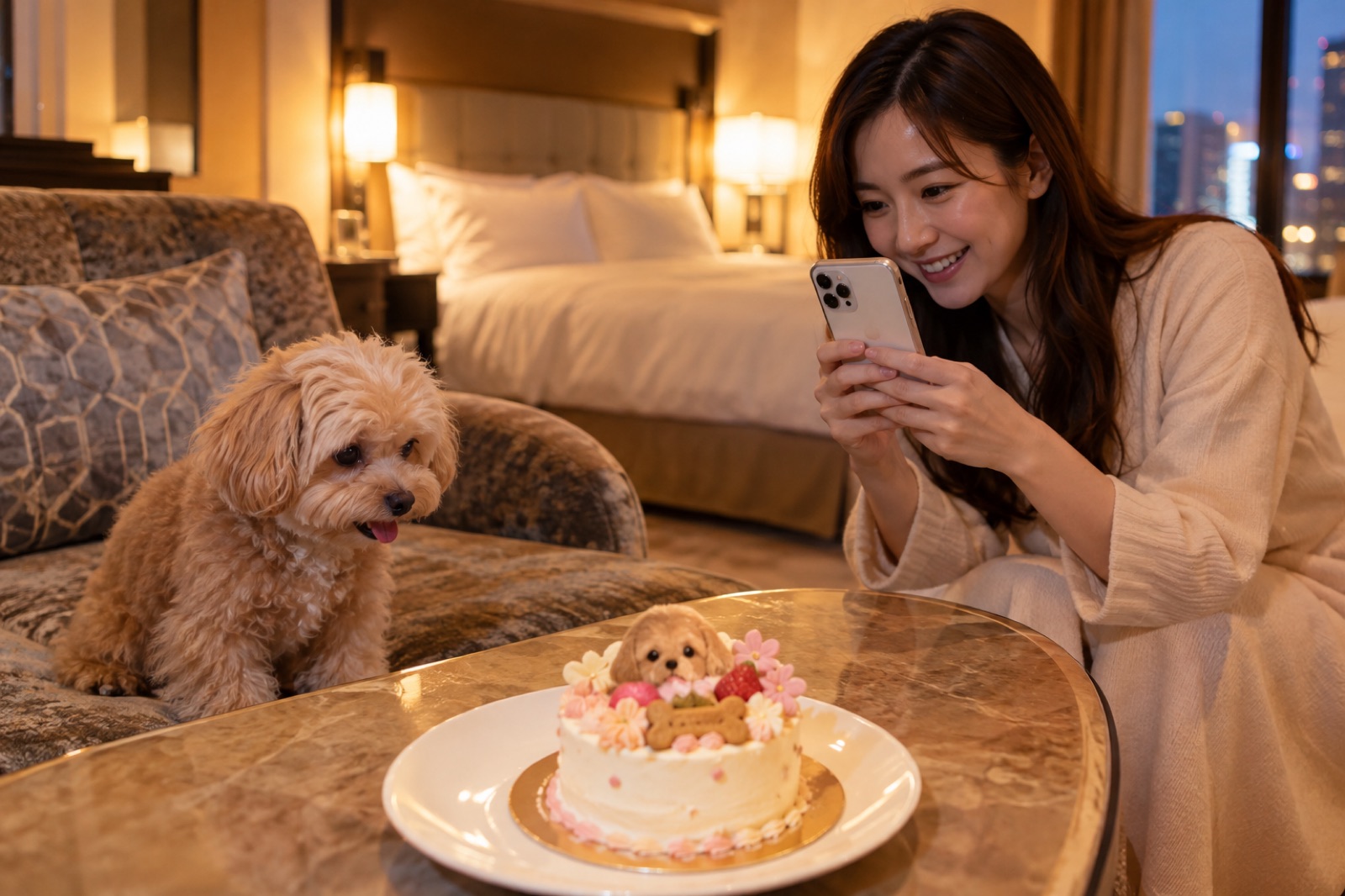 ホテルで愛犬の特製ケーキを楽しむ様子
