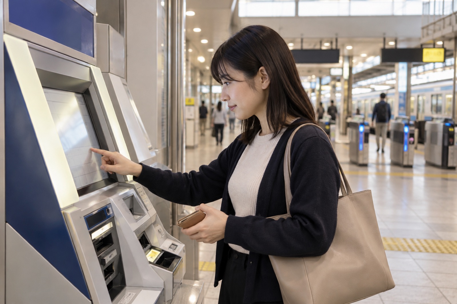 駅の券売機で手続きをする様子