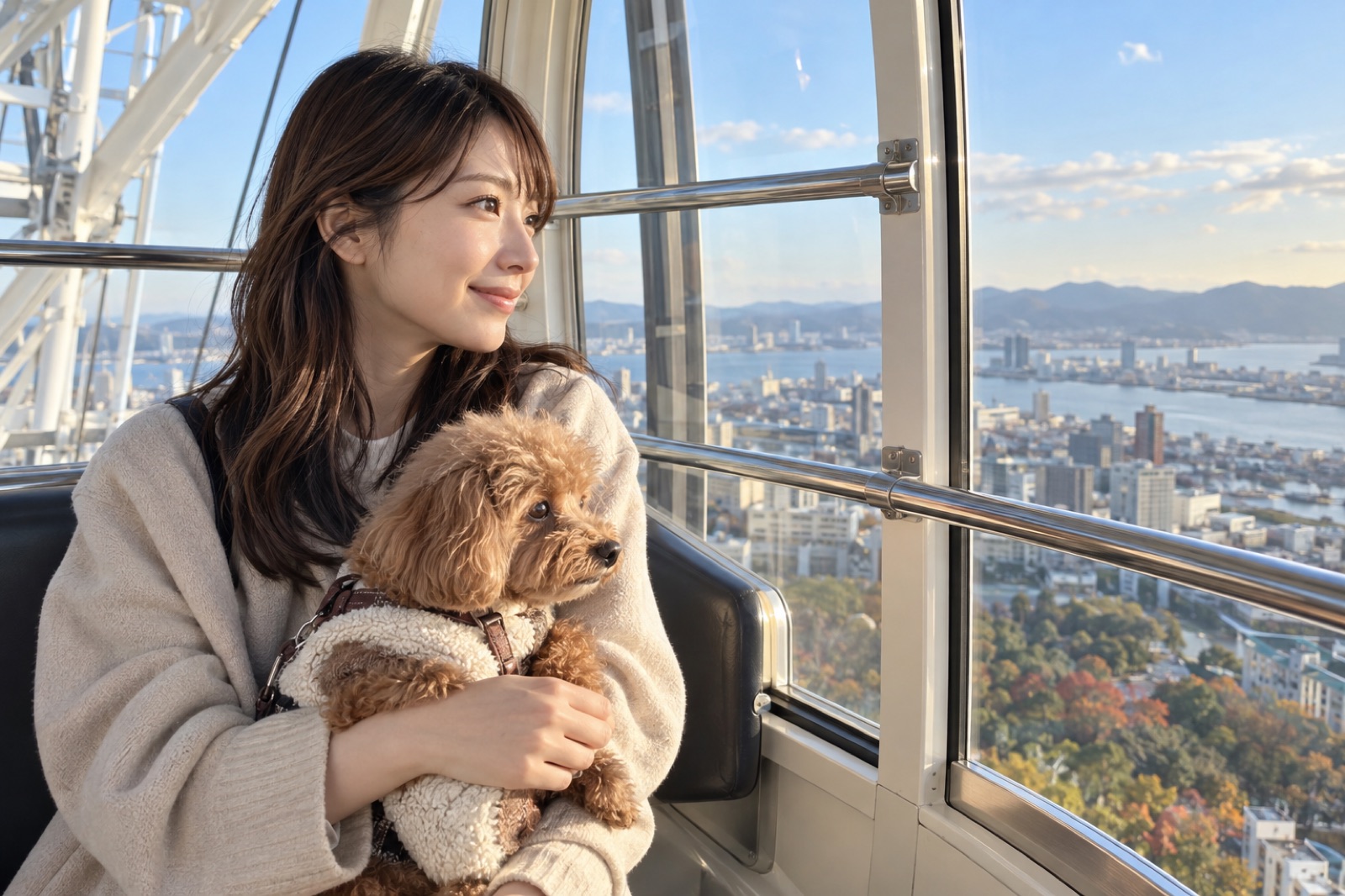 観覧車の中で愛犬と景色を眺める日本人女性