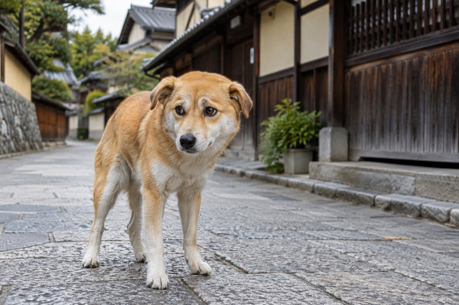 日本の住宅街で少し警戒した様子で立ち止まる犬