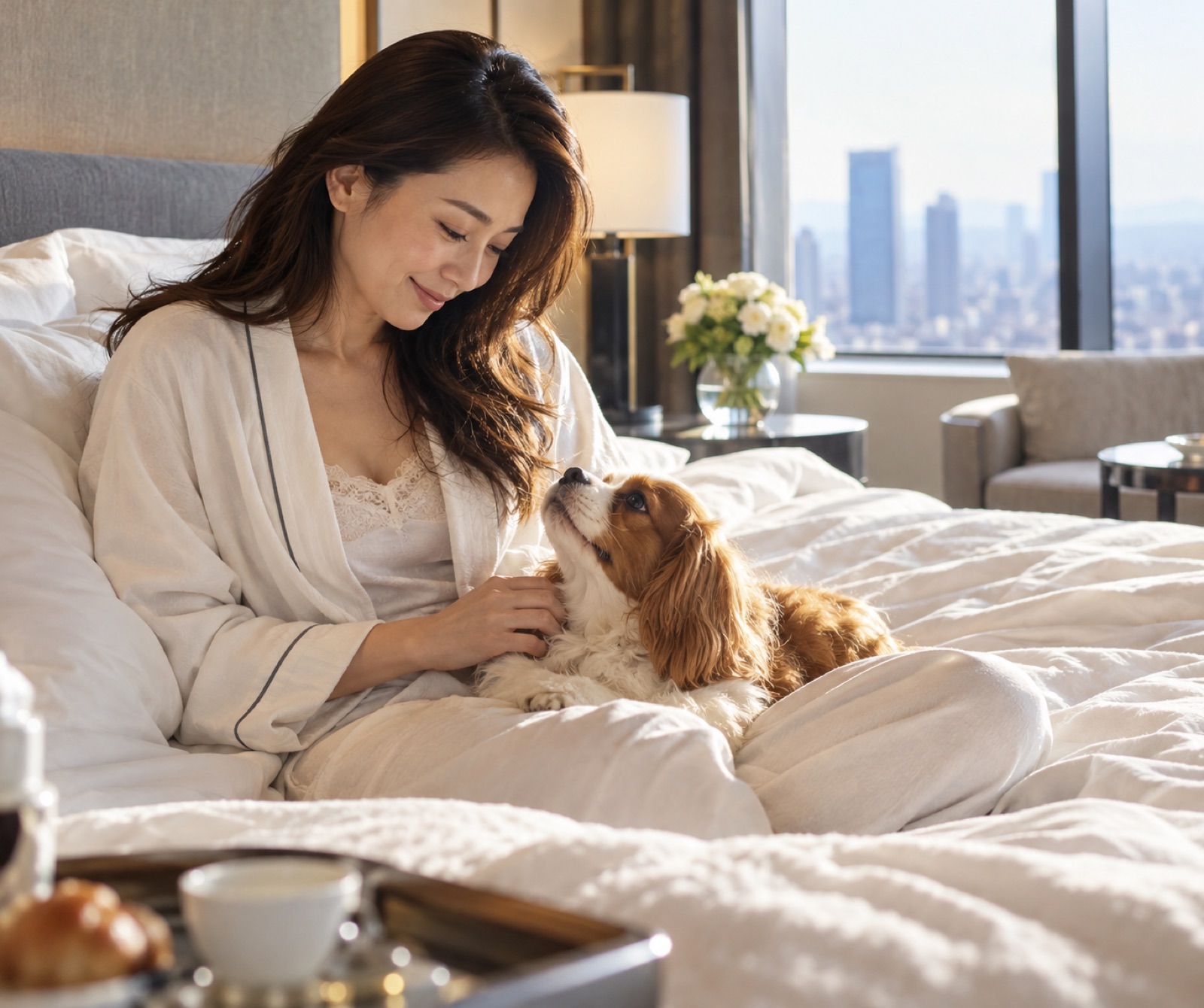 ホテルルームで愛犬と朝食を楽しむ女性
