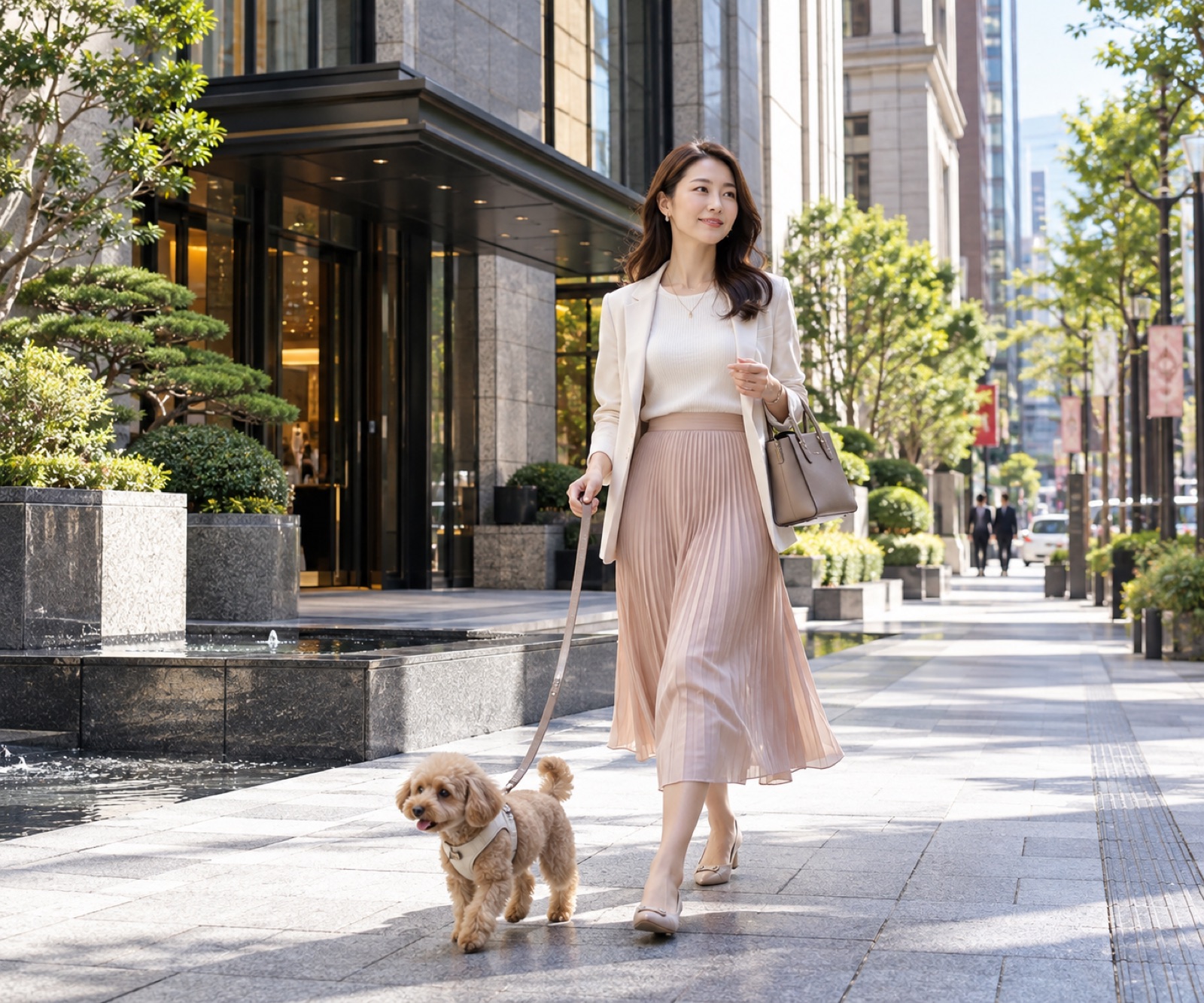日本橋の街並みを愛犬とお散歩する様子
